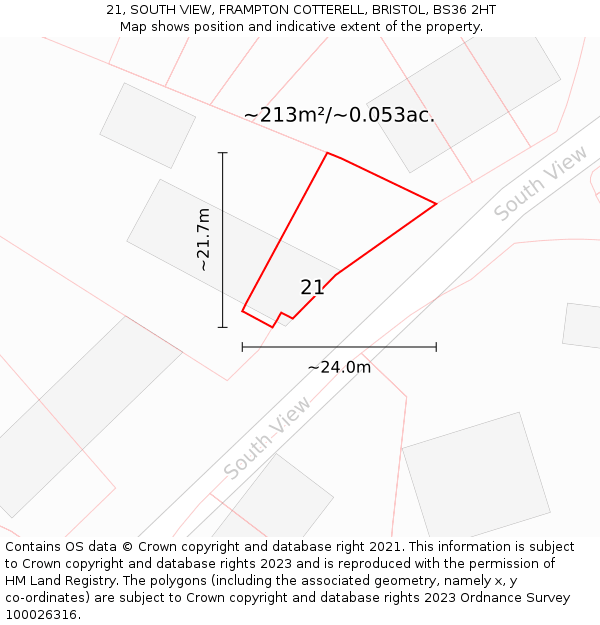 21, SOUTH VIEW, FRAMPTON COTTERELL, BRISTOL, BS36 2HT: Plot and title map