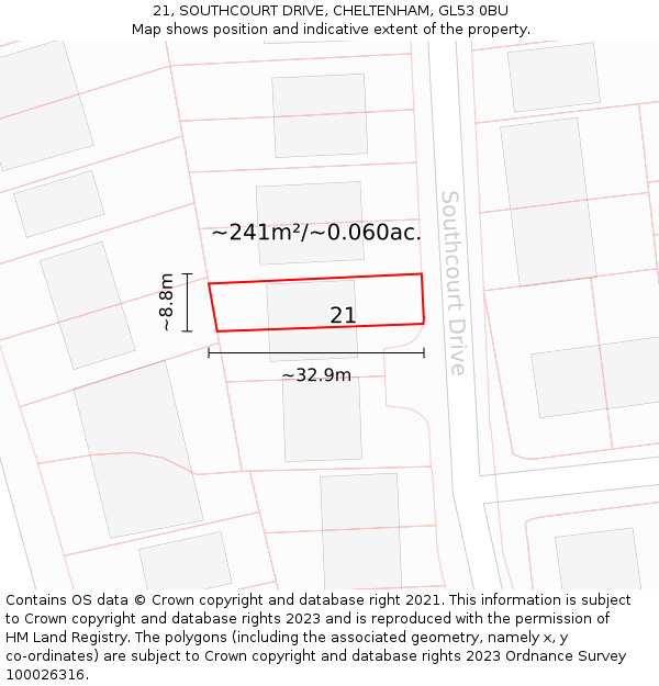 21, SOUTHCOURT DRIVE, CHELTENHAM, GL53 0BU: Plot and title map