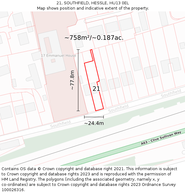 21, SOUTHFIELD, HESSLE, HU13 0EL: Plot and title map