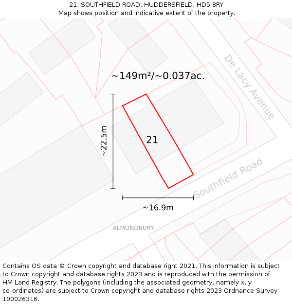 21, SOUTHFIELD ROAD, HUDDERSFIELD, HD5 8RY: Plot and title map