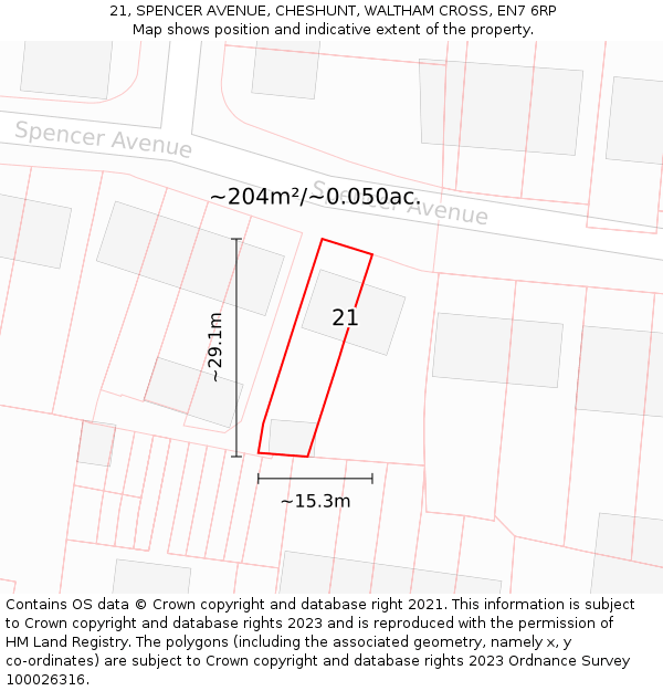 21, SPENCER AVENUE, CHESHUNT, WALTHAM CROSS, EN7 6RP: Plot and title map