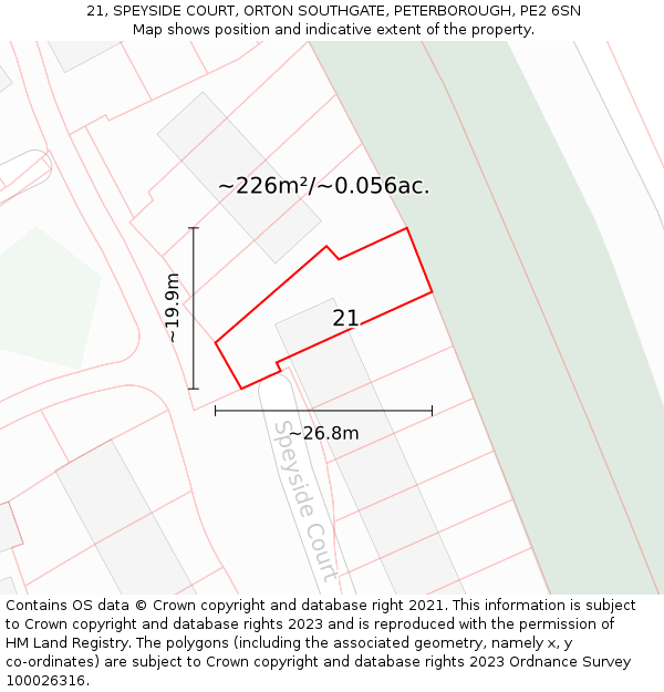 21, SPEYSIDE COURT, ORTON SOUTHGATE, PETERBOROUGH, PE2 6SN: Plot and title map