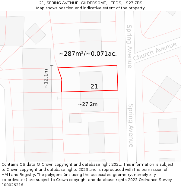 21, SPRING AVENUE, GILDERSOME, LEEDS, LS27 7BS: Plot and title map