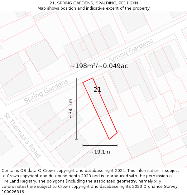 21, SPRING GARDENS, SPALDING, PE11 2XN: Plot and title map