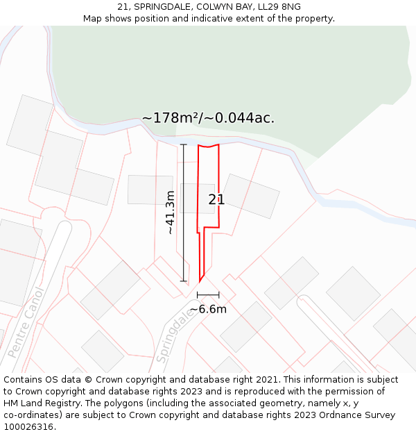 21, SPRINGDALE, COLWYN BAY, LL29 8NG: Plot and title map