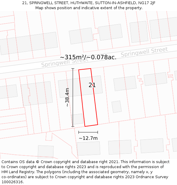 21, SPRINGWELL STREET, HUTHWAITE, SUTTON-IN-ASHFIELD, NG17 2JF: Plot and title map