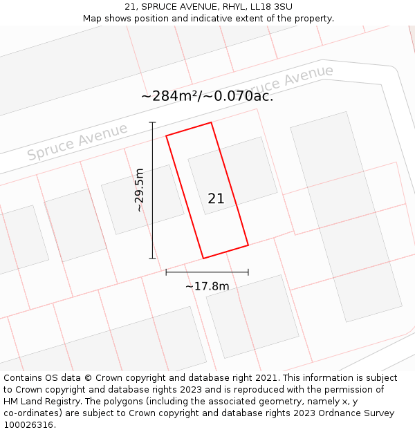 21, SPRUCE AVENUE, RHYL, LL18 3SU: Plot and title map