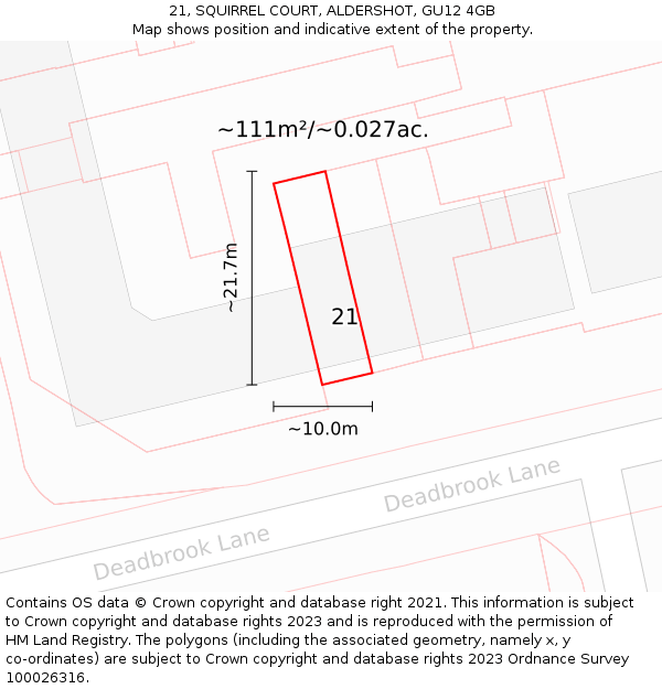 21, SQUIRREL COURT, ALDERSHOT, GU12 4GB: Plot and title map