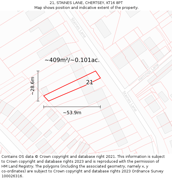 21, STAINES LANE, CHERTSEY, KT16 8PT: Plot and title map