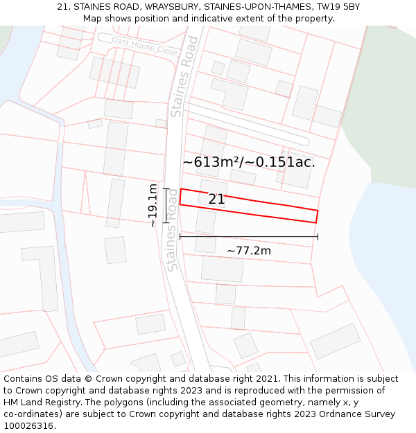 21, STAINES ROAD, WRAYSBURY, STAINES-UPON-THAMES, TW19 5BY: Plot and title map