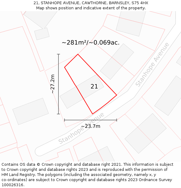 21, STANHOPE AVENUE, CAWTHORNE, BARNSLEY, S75 4HX: Plot and title map