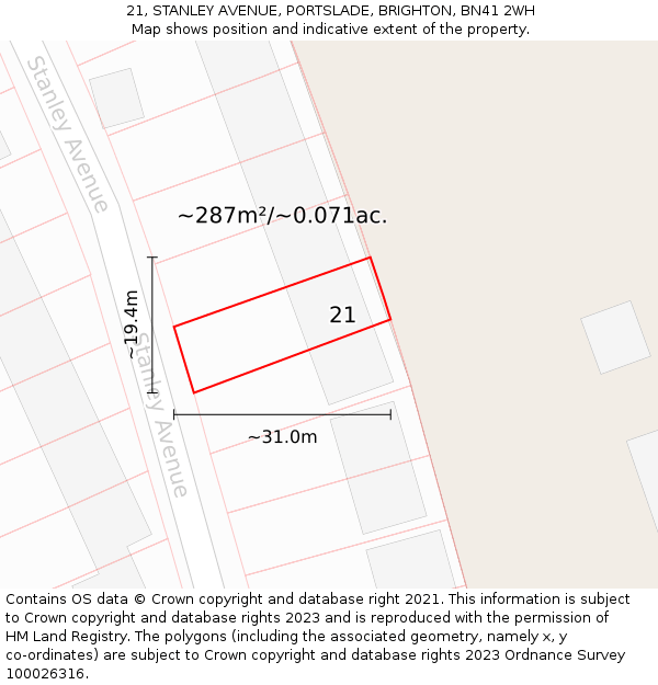 21, STANLEY AVENUE, PORTSLADE, BRIGHTON, BN41 2WH: Plot and title map