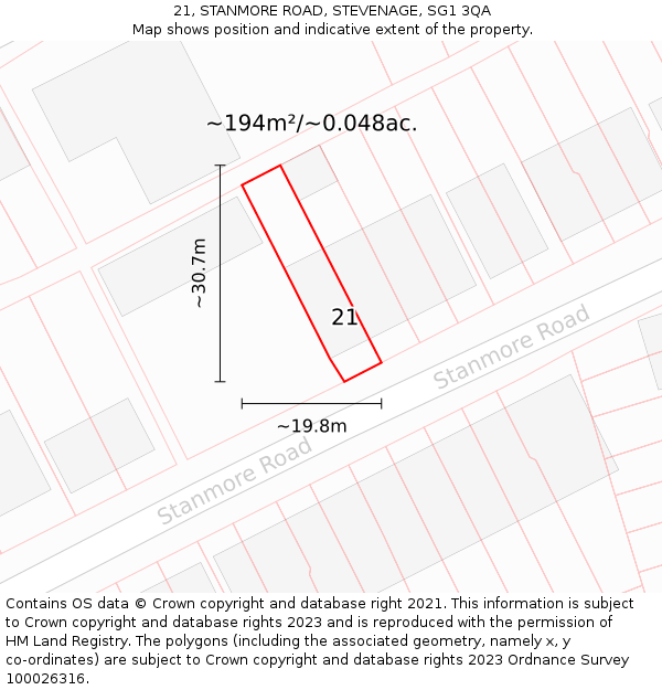 21, STANMORE ROAD, STEVENAGE, SG1 3QA: Plot and title map