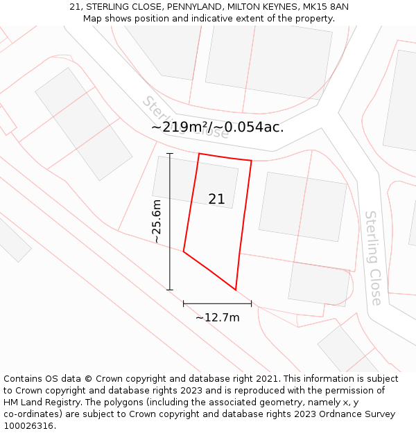 21, STERLING CLOSE, PENNYLAND, MILTON KEYNES, MK15 8AN: Plot and title map