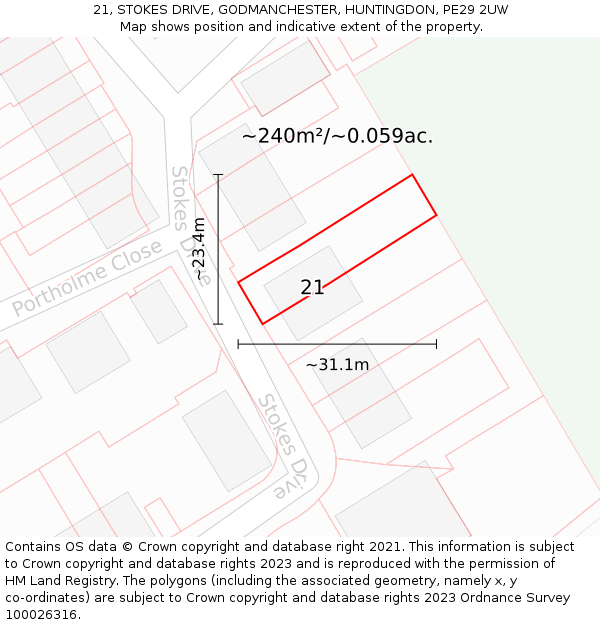 21, STOKES DRIVE, GODMANCHESTER, HUNTINGDON, PE29 2UW: Plot and title map