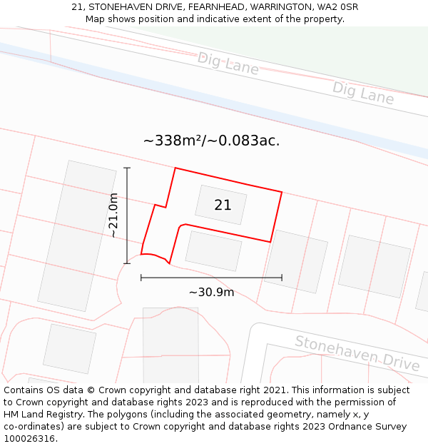 21, STONEHAVEN DRIVE, FEARNHEAD, WARRINGTON, WA2 0SR: Plot and title map