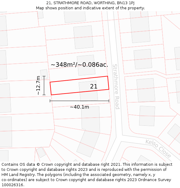 21, STRATHMORE ROAD, WORTHING, BN13 1PJ: Plot and title map