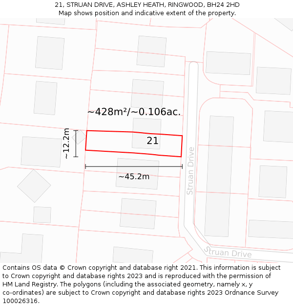 21, STRUAN DRIVE, ASHLEY HEATH, RINGWOOD, BH24 2HD: Plot and title map