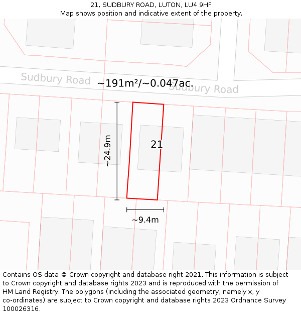 21, SUDBURY ROAD, LUTON, LU4 9HF: Plot and title map