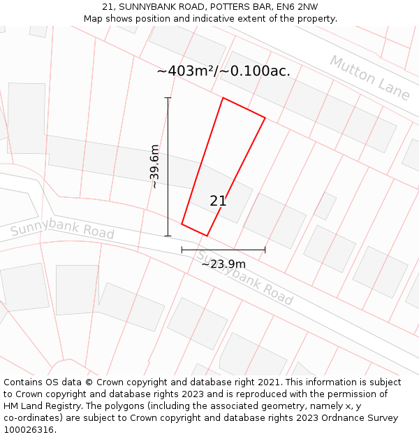 21, SUNNYBANK ROAD, POTTERS BAR, EN6 2NW: Plot and title map