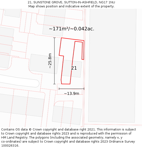 21, SUNSTONE GROVE, SUTTON-IN-ASHFIELD, NG17 1NU: Plot and title map