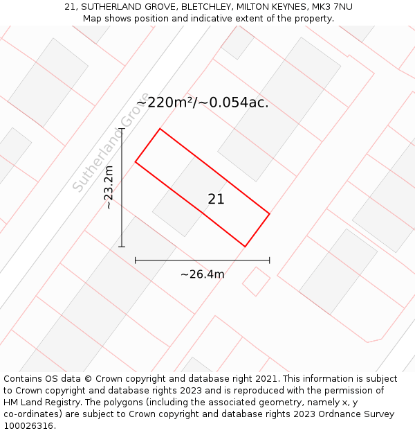 21, SUTHERLAND GROVE, BLETCHLEY, MILTON KEYNES, MK3 7NU: Plot and title map