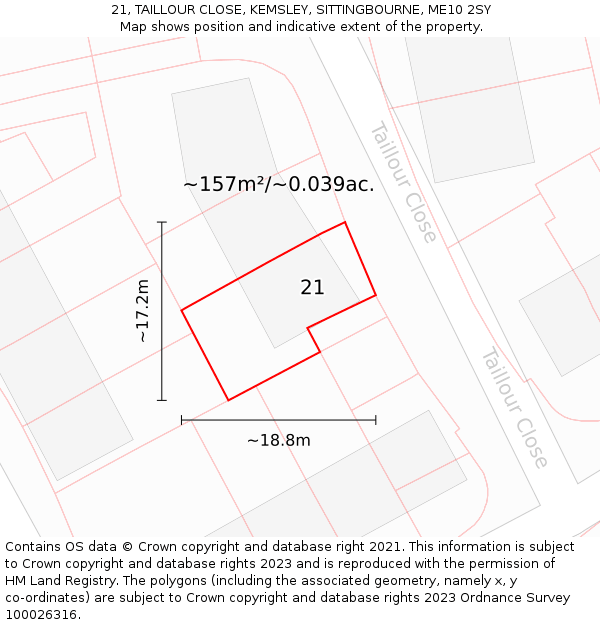 21, TAILLOUR CLOSE, KEMSLEY, SITTINGBOURNE, ME10 2SY: Plot and title map