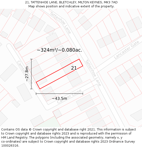 21, TATTENHOE LANE, BLETCHLEY, MILTON KEYNES, MK3 7AD: Plot and title map