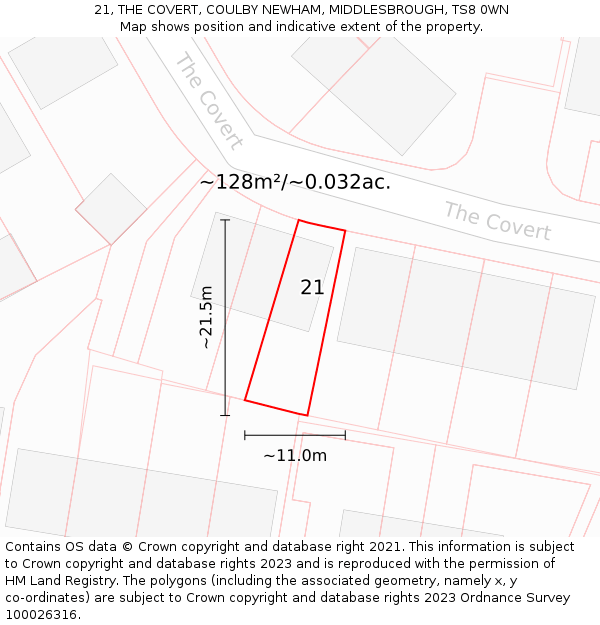 21, THE COVERT, COULBY NEWHAM, MIDDLESBROUGH, TS8 0WN: Plot and title map