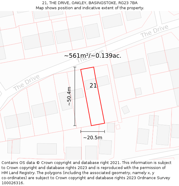 21, THE DRIVE, OAKLEY, BASINGSTOKE, RG23 7BA: Plot and title map