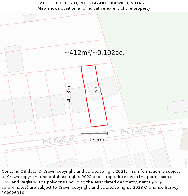 21, THE FOOTPATH, PORINGLAND, NORWICH, NR14 7RF: Plot and title map