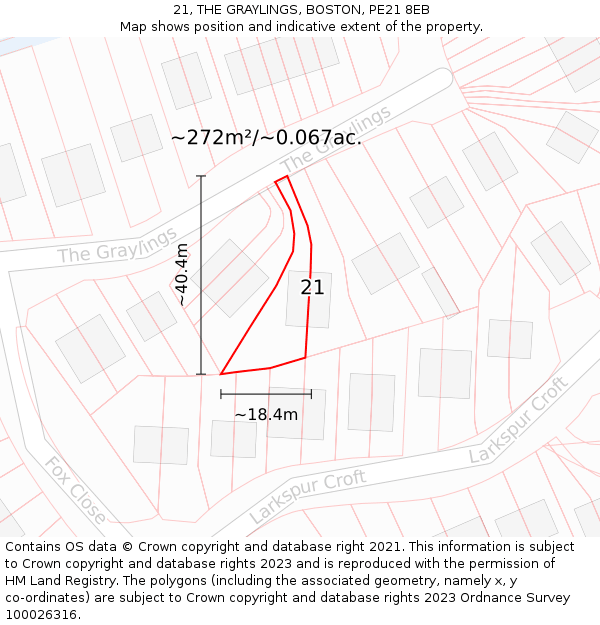 21, THE GRAYLINGS, BOSTON, PE21 8EB: Plot and title map