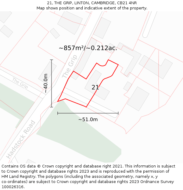 21, THE GRIP, LINTON, CAMBRIDGE, CB21 4NR: Plot and title map