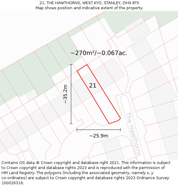 21, THE HAWTHORNS, WEST KYO, STANLEY, DH9 8TX: Plot and title map