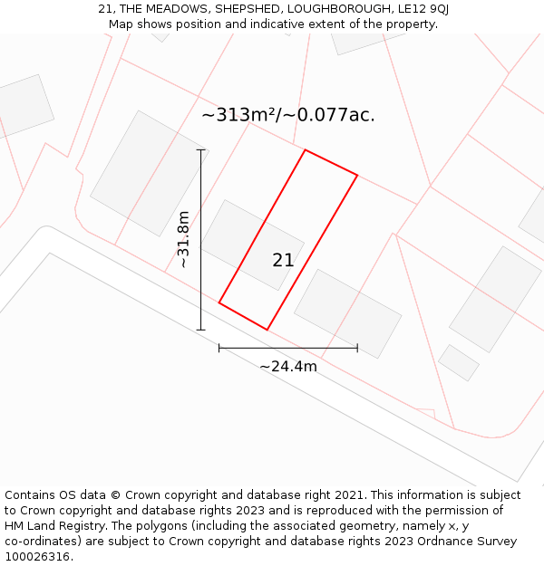 21, THE MEADOWS, SHEPSHED, LOUGHBOROUGH, LE12 9QJ: Plot and title map