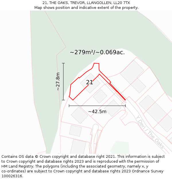 21, THE OAKS, TREVOR, LLANGOLLEN, LL20 7TX: Plot and title map