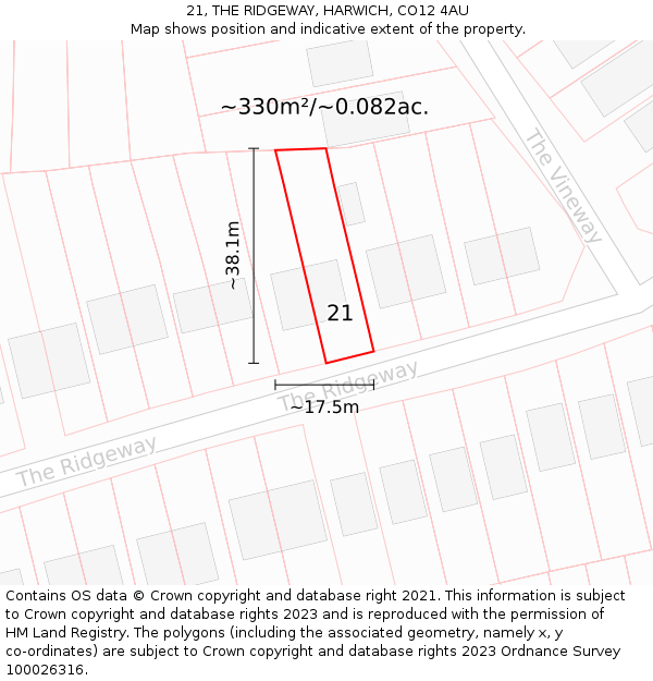 21, THE RIDGEWAY, HARWICH, CO12 4AU: Plot and title map