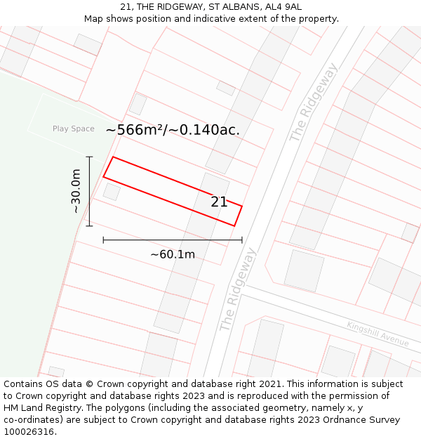 21, THE RIDGEWAY, ST ALBANS, AL4 9AL: Plot and title map