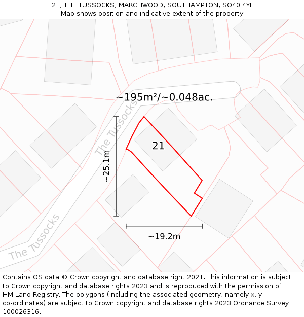 21, THE TUSSOCKS, MARCHWOOD, SOUTHAMPTON, SO40 4YE: Plot and title map