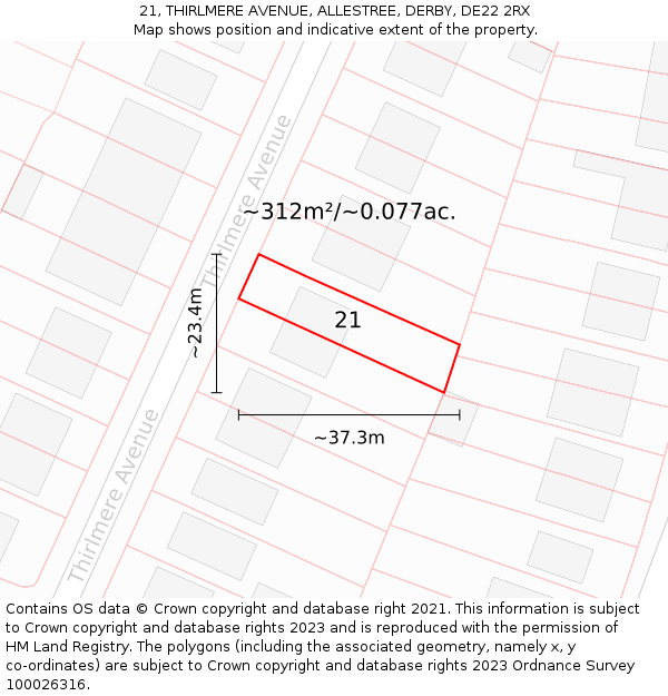 21, THIRLMERE AVENUE, ALLESTREE, DERBY, DE22 2RX: Plot and title map