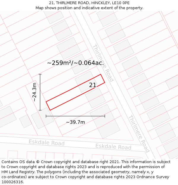 21, THIRLMERE ROAD, HINCKLEY, LE10 0PE: Plot and title map