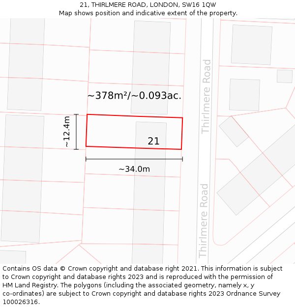 21, THIRLMERE ROAD, LONDON, SW16 1QW: Plot and title map