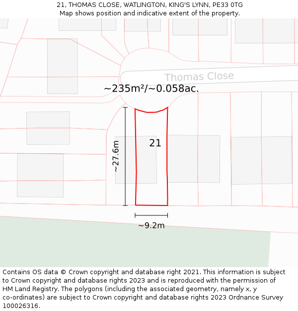 21, THOMAS CLOSE, WATLINGTON, KING'S LYNN, PE33 0TG: Plot and title map