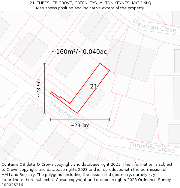 21, THRESHER GROVE, GREENLEYS, MILTON KEYNES, MK12 6LQ: Plot and title map