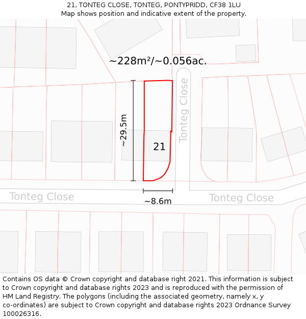 21, TONTEG CLOSE, TONTEG, PONTYPRIDD, CF38 1LU: Plot and title map