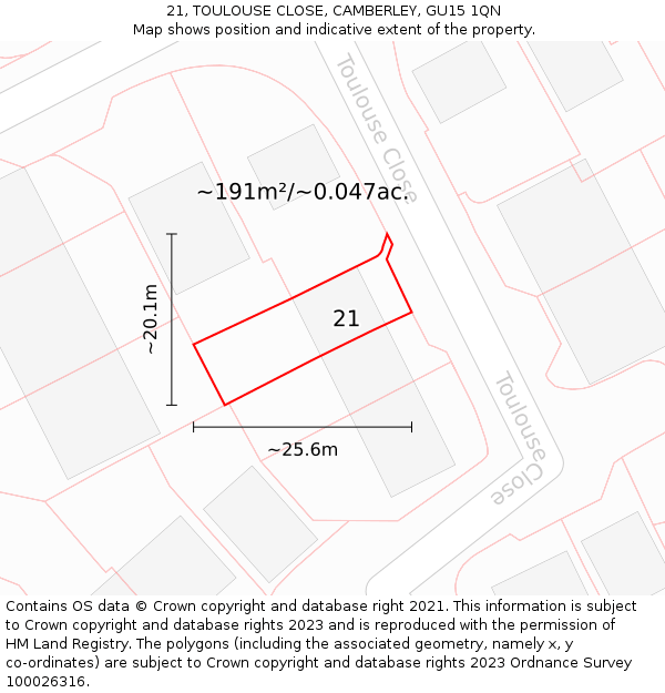 21, TOULOUSE CLOSE, CAMBERLEY, GU15 1QN: Plot and title map