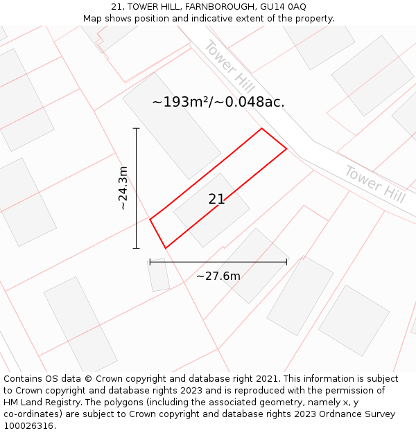 21, TOWER HILL, FARNBOROUGH, GU14 0AQ: Plot and title map