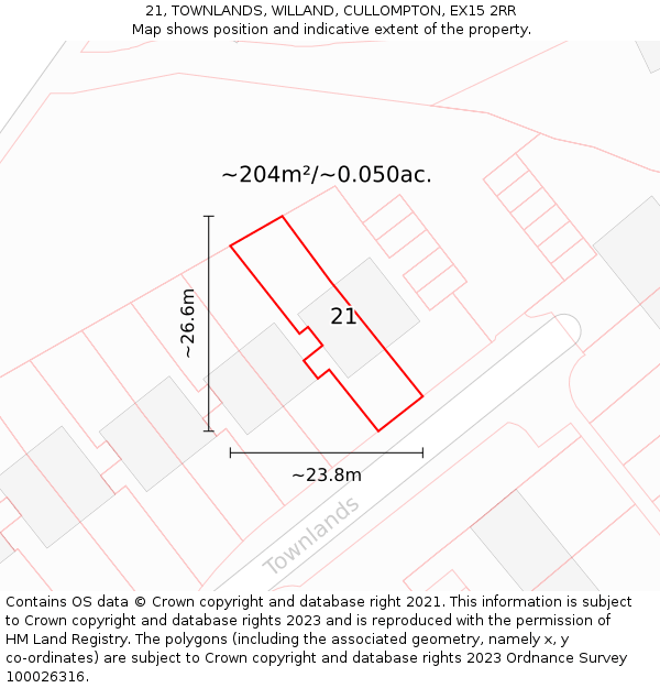 21, TOWNLANDS, WILLAND, CULLOMPTON, EX15 2RR: Plot and title map