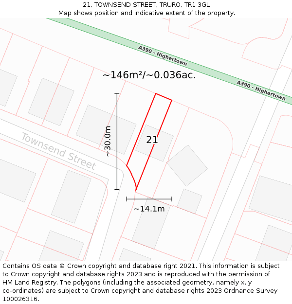 21, TOWNSEND STREET, TRURO, TR1 3GL: Plot and title map