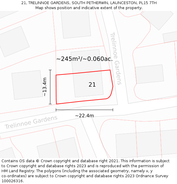 21, TRELINNOE GARDENS, SOUTH PETHERWIN, LAUNCESTON, PL15 7TH: Plot and title map